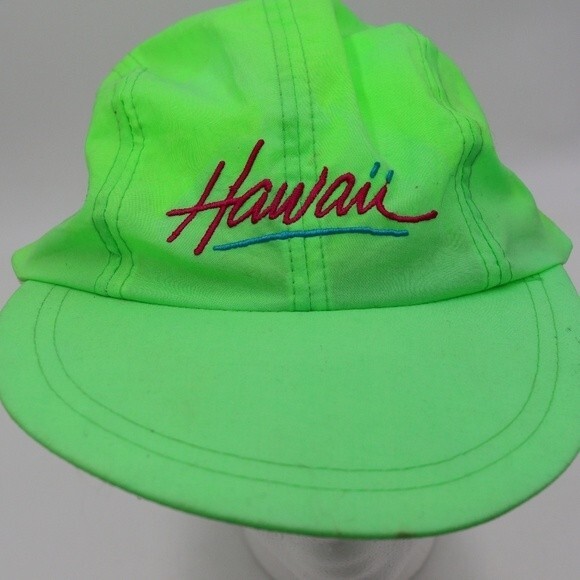 Hawaiian Headwear Vintage 90s Hawaii Neon Green Adjustable Hat Cap - Picture 1 of 8